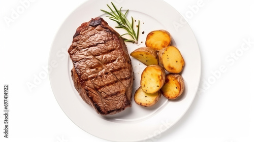 Top view of delicious grilled beef steak and rustic potatoes wedges. AI Generative