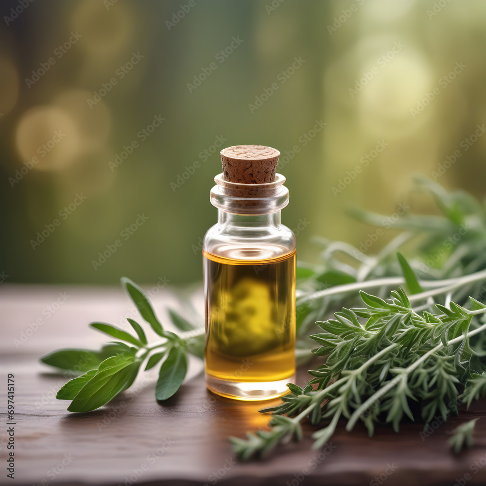 Bottle of Essential Oil Featuring Herbs Bottle of Essential Oil Featuring Herbs