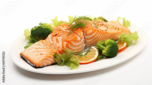 Healthy Salmon Dinner. Fresh raw salmon fillet isolated on white background. AI Generative