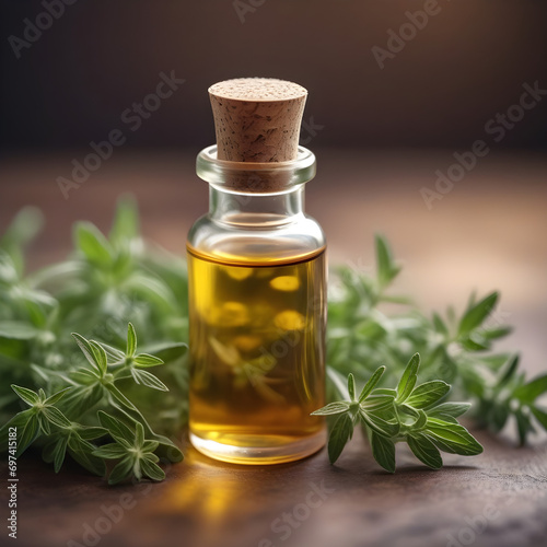 Bottle of Essential Oil Featuring Herbs