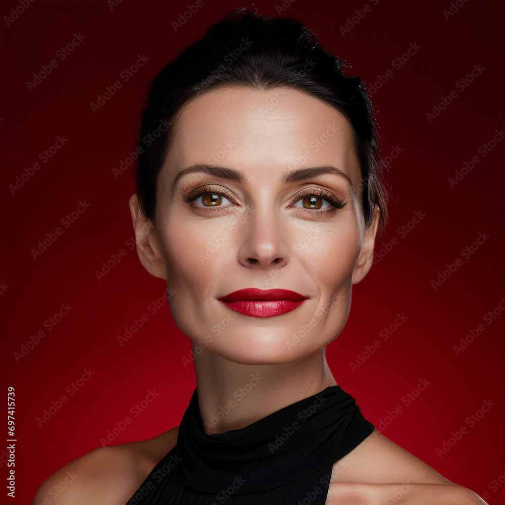 portrait of a mature woman with red solid background, makeup,cosmetic,banner