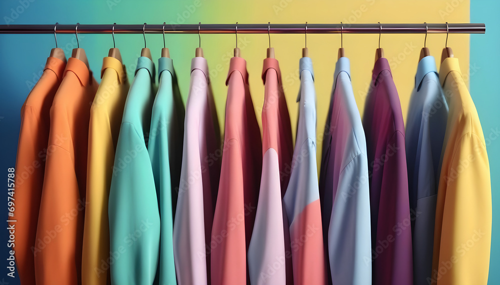 Hangers with colorful clothes hanging on rack near color wall, closeup