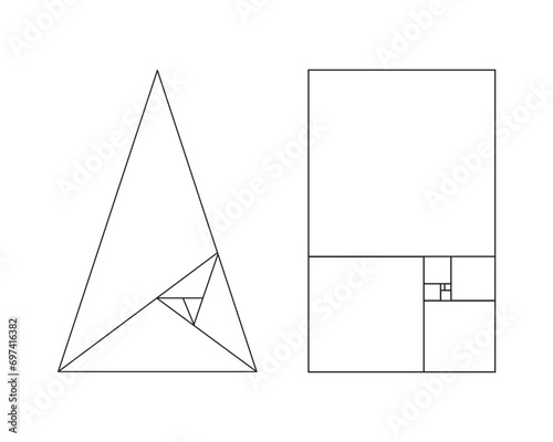 Golden ratio template. Set of method golden section shapes. Fibonacci array, numbers. Harmony proportions logo. Golden ratio triangle. Outline illustration. Abstract vector background.