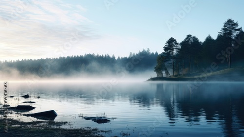 Early morning mist over a calm lake surrounded by trees