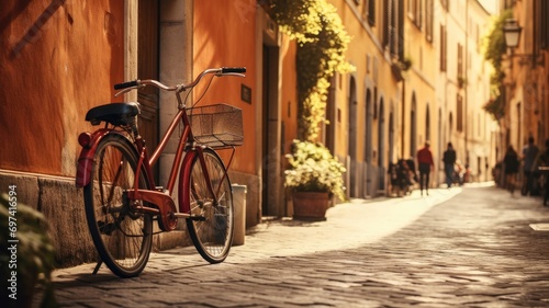 Red bicycle leaning against an orange wall on a cobblestone street