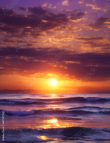 Dramatic scene of sunset over the ocean. Water waves sun rays reflection, ocean tides, clouds, beautiful landscape.