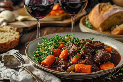 Boeuf Bourguignon  A hearty beef stew made with red wine  beef broth  carrots  onions  and mushrooms  creating a deeply flavorful and tender dish