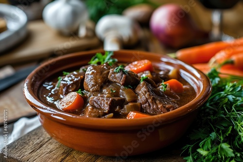 Boeuf Bourguignon: A hearty beef stew made with red wine, beef broth, carrots, onions, and mushrooms, creating a deeply flavorful and tender dish photo
