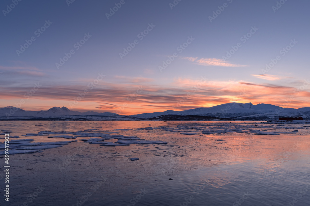 Sunset over Icy water in the Arctic