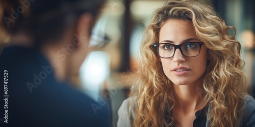 a woman wearing glasses is having a discussion with another person in an office, generative AI