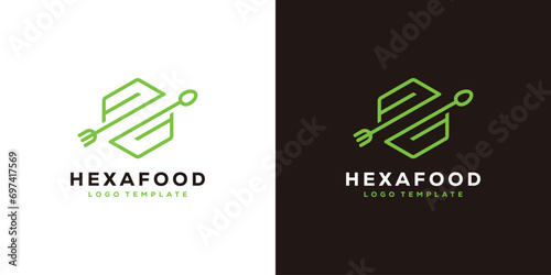 Simple Hexa Food Logo Design. Spoon Fork in Hexagon with Lineart Outline Style Logo Design Template. photo