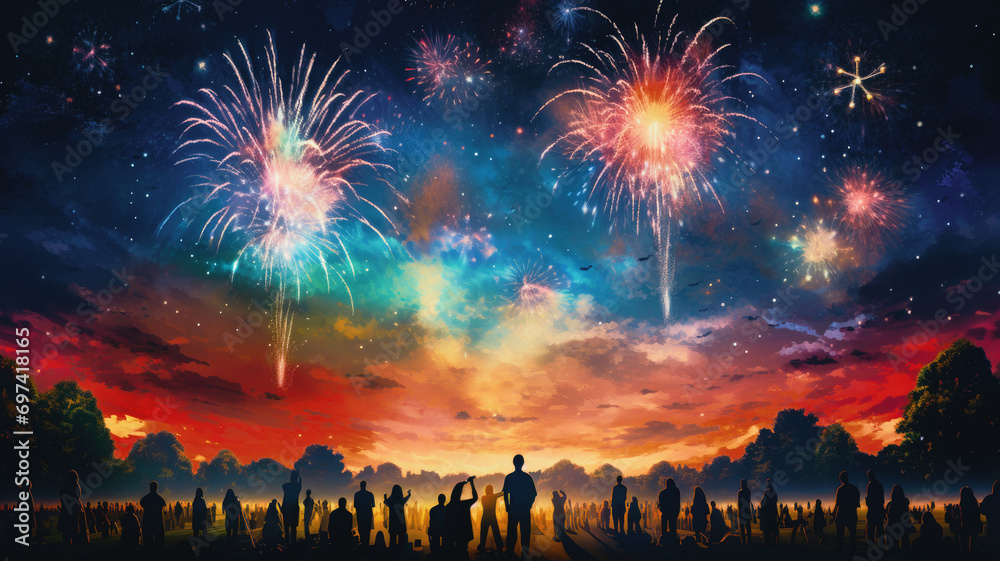 Firework explosion in the night sky celebrating happy new year 2024 . National firework shooting in the beautiful sky for a new year day of year 2024 . - obrazy, fototapety, plakaty 