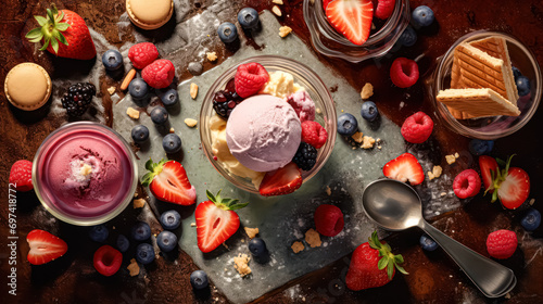 Colorful scoops of ice cream topped with fresh berries