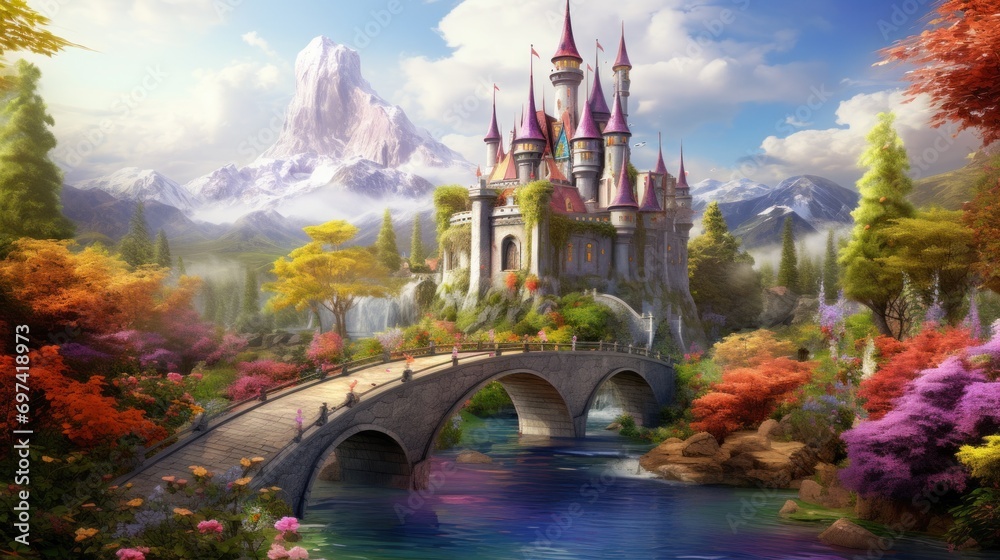Enchanted castle in colorful fantasy landscape with floral gardens. Fairy tale scenery. - obrazy, fototapety, plakaty 