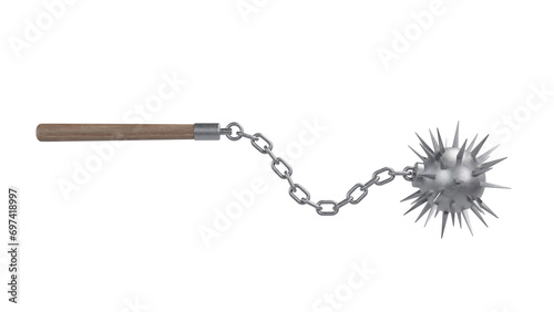 Medieval mace with chain isolated on transparent and white background. Knight concept. 3D render
