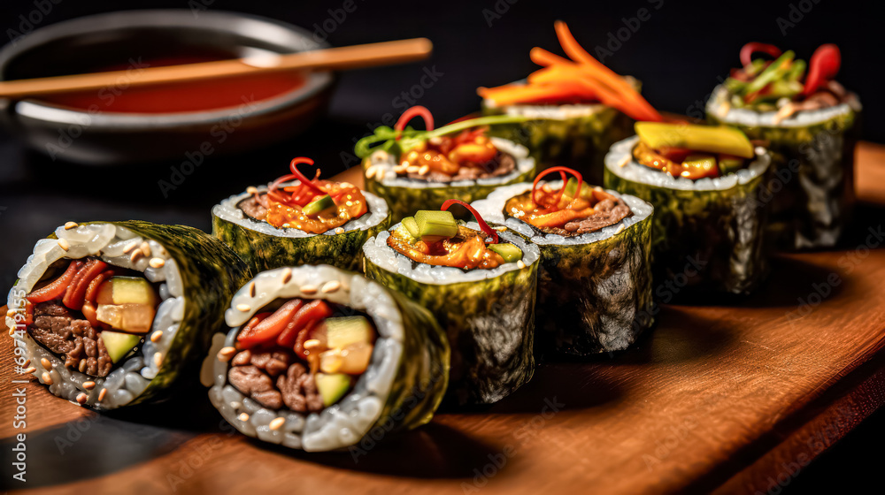 SoJapanese rolls presented artfully on a dark background SoJapanese rolls presented artfully on a dark background