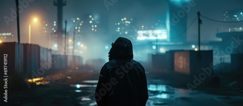 A hooded man observing buildings on a misty night in an industrial area.