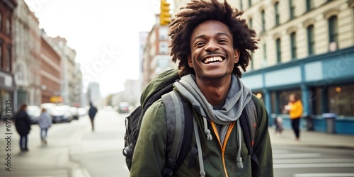 young man laughing with a backpack on a city street, generative AI