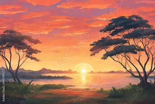 a beautiful sunrise over the sea with trees in the foreground