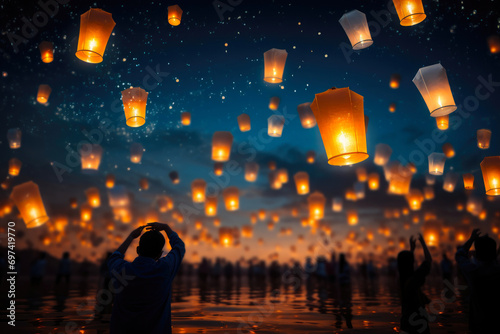 Radiant Nightfall: Lanterns Adorning the Dark Sky