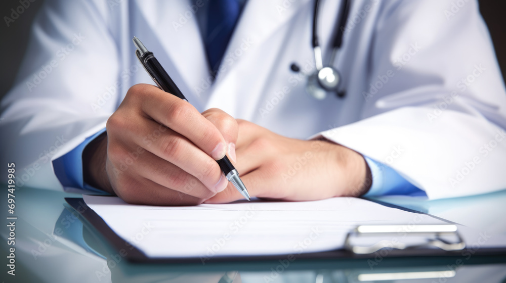 Doctor, is writing on a medical form or prescription pad on a clipboard Doctor, is writing on a medical form or prescription pad on a clipboard