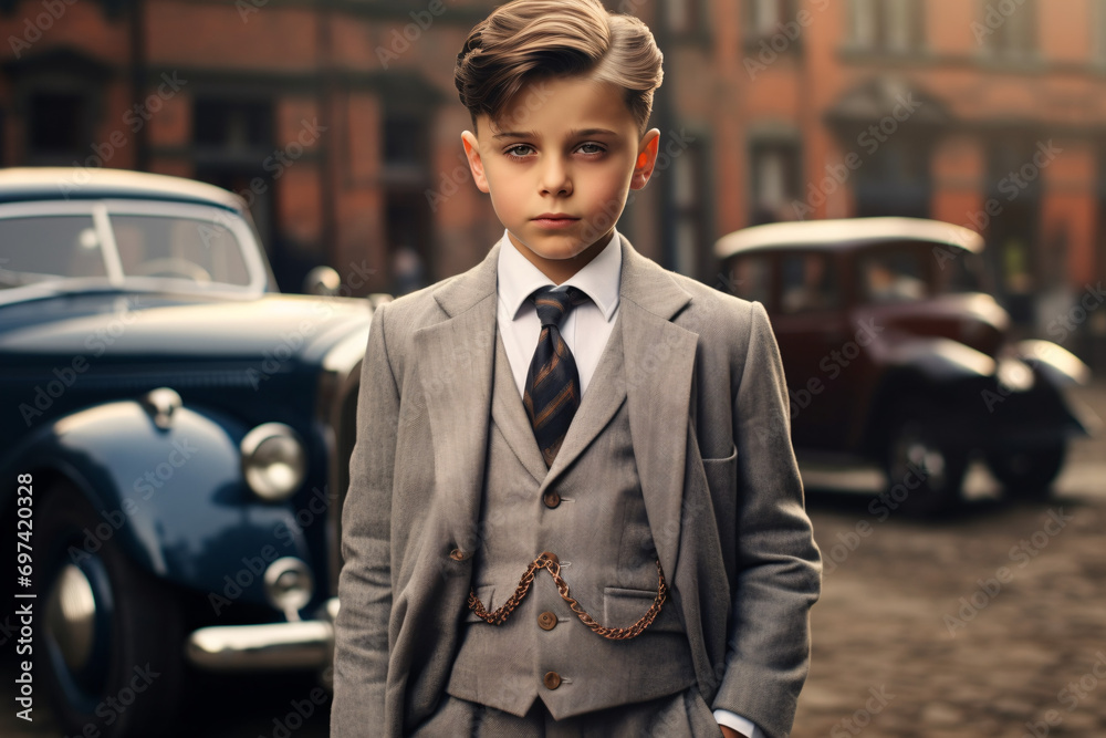 little boy stands retro 1950 elegantly three-piece suit