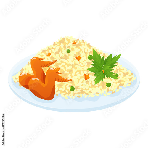 Rice with white chicken meat, herbs and vegetables. Marinated fried chicken with rice on a flat plate. Vector illustration.