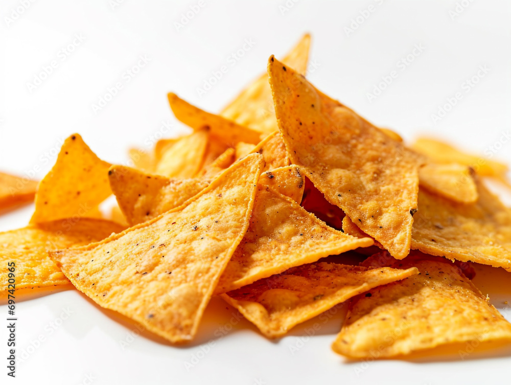 Corn chips nachos are isolated on a white background. Triangular in shape. Corn chips nachos are isolated on a white background. Triangular in shape.