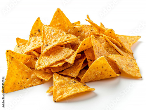 Corn chips nachos are isolated on a white background. Triangular in shape. photo