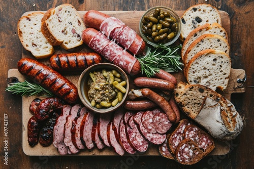 Savor Authentic German Flavors with a Gourmet Wurst Board, Offering a Tasting Extravaganza of Bratwurst, Landjäger, and Blutwurst, Complemented by Mustard, Pickles, and Slices of Rustic Rye Bread.
