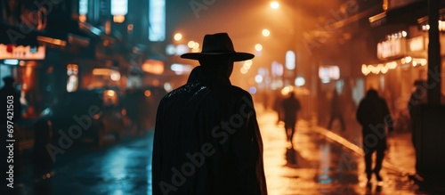 Man in hat and raincoat walking through city at night with striking silhouette. photo