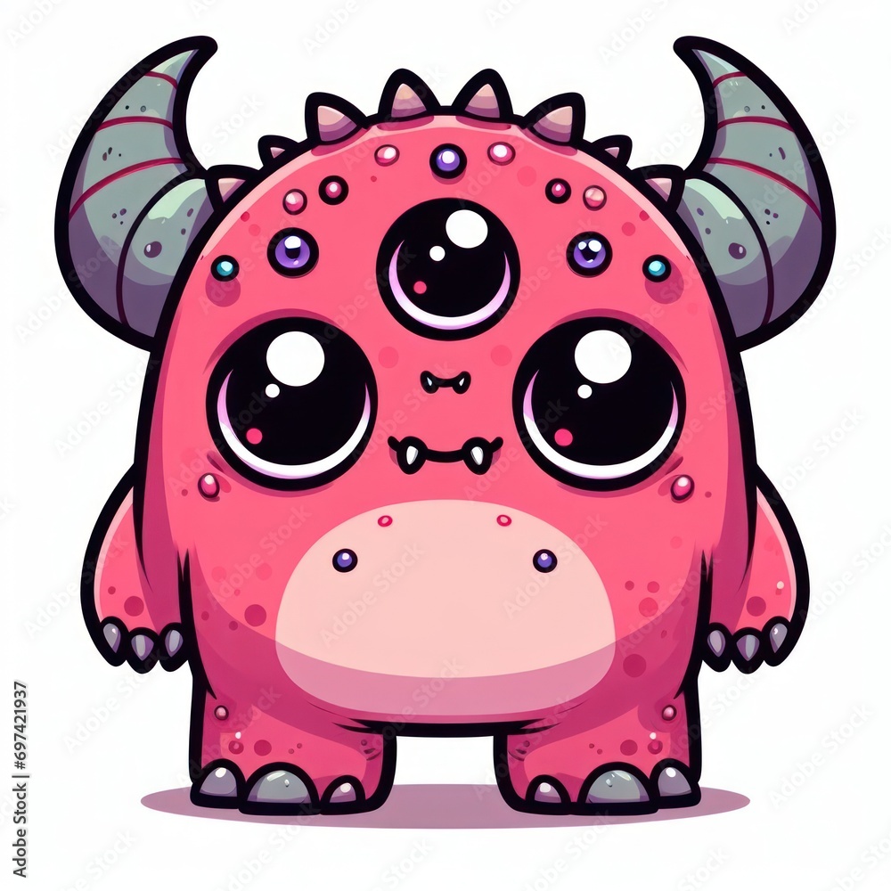 Fototapeta premium Cartoon monster with big eyes, horns, and pink body