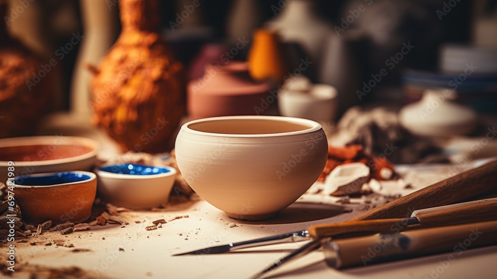 Ceramic pottery bowl amidst a potter’s tools on a workbench - obrazy, fototapety, plakaty 