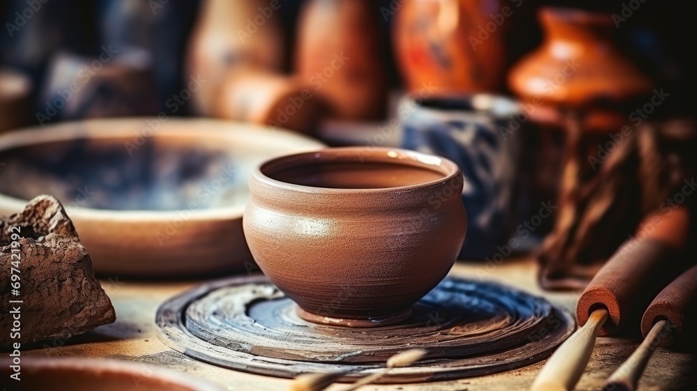 Handcrafted pottery bowl on a potter's wheel Handcrafted pottery bowl on a potter's wheel