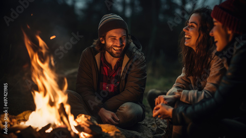 Friends enjoying a campfire in the wilderness