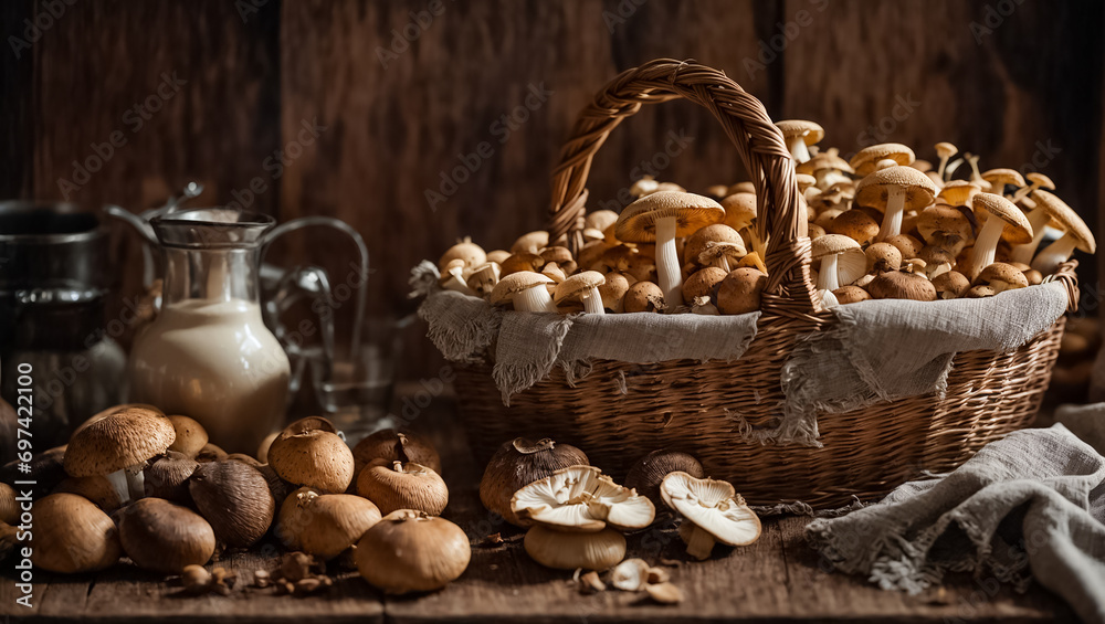 Fresh organic mushrooms in a basket on an old background