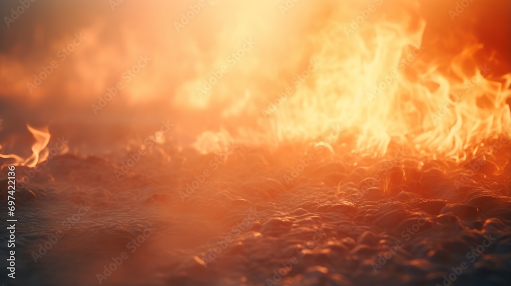 Burning grass in the field at sunset. Defocused fire background.