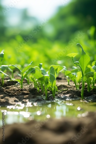 Young green corn growing in field. Agricultural concept. Selective focus.