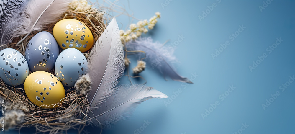 huevos de pascua en una cesta rustica pintados en azul, amarillo y dorado  sobre conjunto de plumas y  fondo azul - obrazy, fototapety, plakaty 