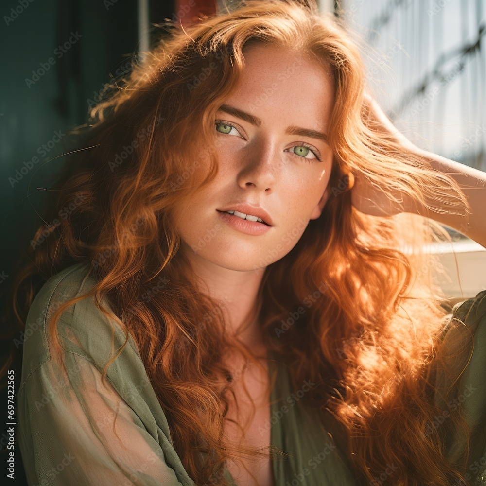 Fototapeta premium Portrait of a beautiful young woman with long curly red hair.