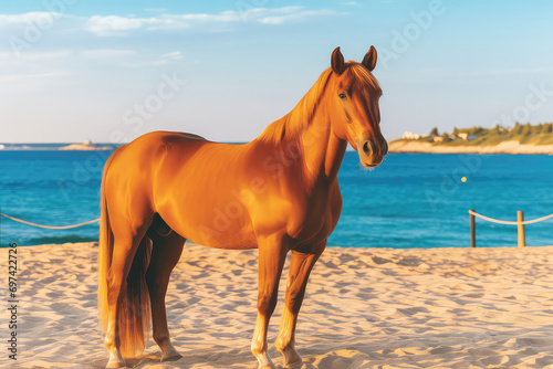 A captivating image of a horse pausing by the shoreline  admiring its own reflection in the shimmering waters of the se