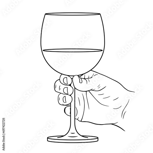 Hand holds a glass with wine or champagne, vector linear illustration