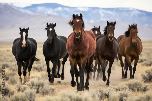 A group of wild living horses running with abandon, their manes flowing in the wind, symbolizing the essence of freedo