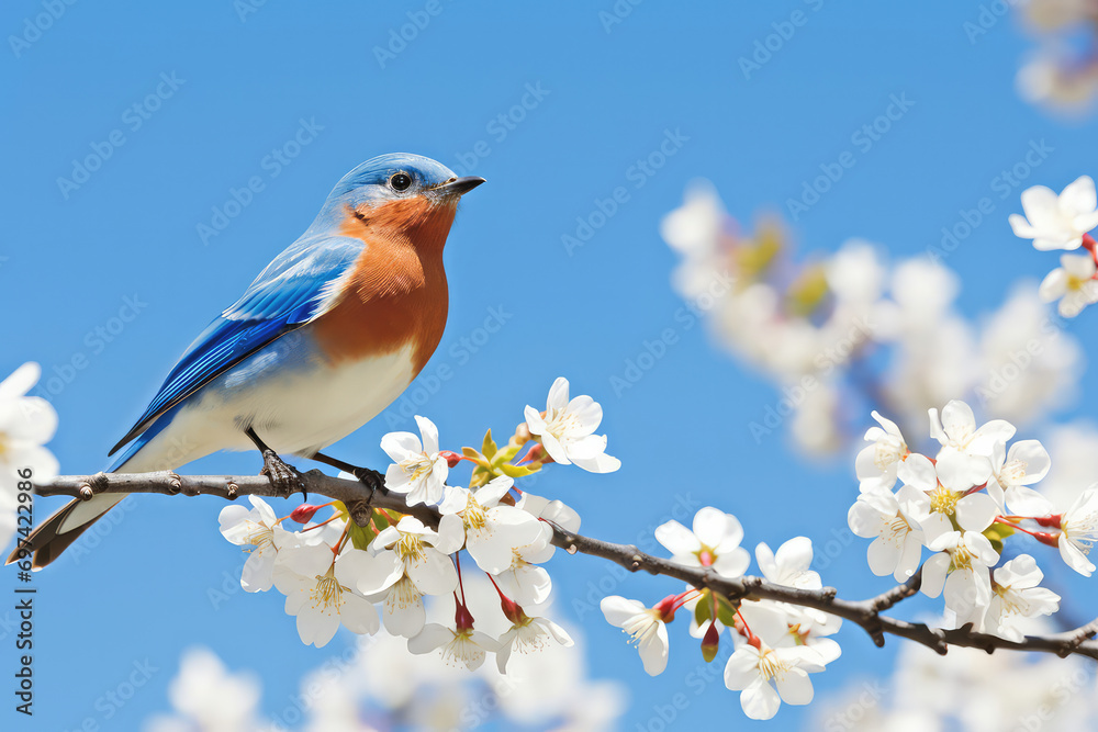 A baby bluebird perched on a blossoming branch, its tiny wings showcasing the beauty of nature's delicate creations. The bluebird's presence adds a touch of serenity to the blooming spring landscap