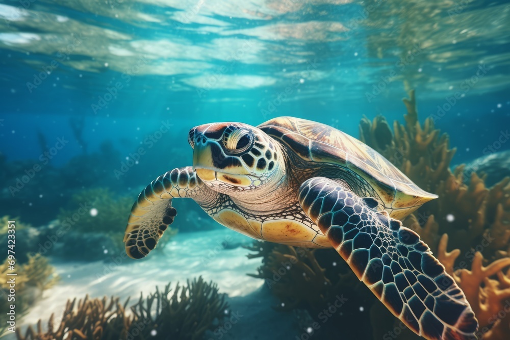 Obraz premium Hawaiian Green Sea Turtle (Chelonia mydas) swimming underwater