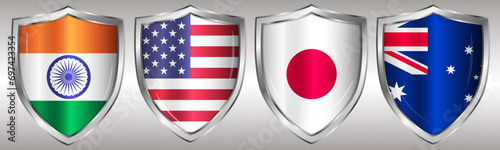 defense protective shield flags of Australia, United States, Japan, India network between military alliance quad security pact between countries 