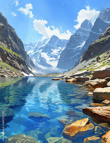 Alpine Serenity: Crystal Lake and Snowy Peaks