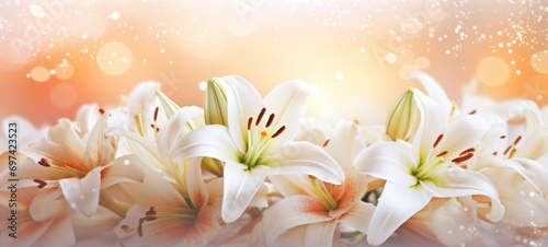 White lilies bouquet on light peach background with glitter and bokeh. Banner with copy space. Ideal for poster, greeting card, event invitation, promotion, advertising, print, elegant design.