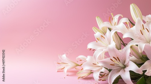 White lilies bouquet on light pink background. Banner with copy space. For poster  greeting card  event invitation  promotion  advertising  print  elegant design. Present for Womens day  Valentine