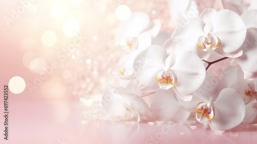 White orchids bouquet on light peach pink background with glitter and bokeh. Banner with copy space. Perfect for poster, greeting card, event invitation, promotion, advertising, print, elegant design.
